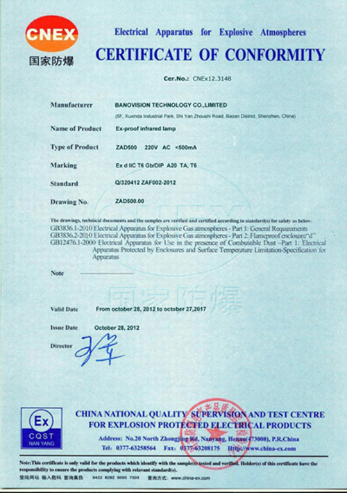 Certificate of Explosion IR Housing